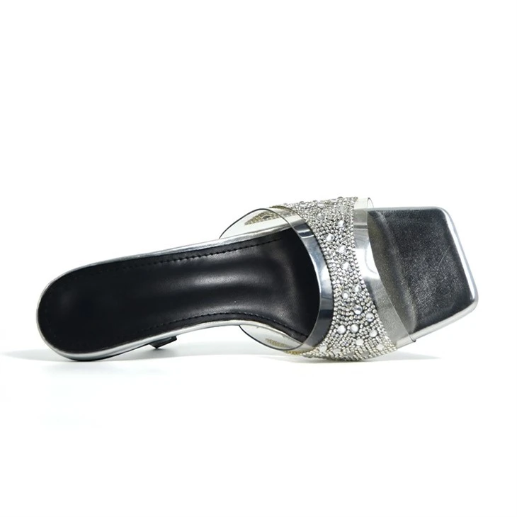 Silver Rhinestone Clear Strap Square Toe Mules high quality