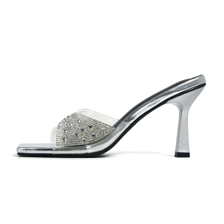 Silver Rhinestone Clear Strap Square ntiv taw Mules